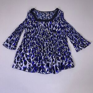 George  Bell Sleeve Top Womens 2X Blue Black Leopard Print Pleated Cold Shoulder